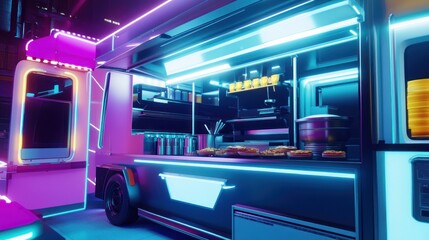 Futuristic Food Truck with Neon Lights