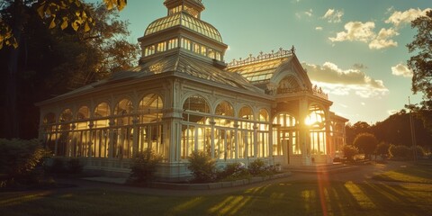 Fototapeta premium white metal victorian glass house at sunset