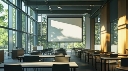 Modern Conference Room with Large Windows and Projection Screen