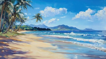 Naklejka premium Serene Tropical Beach Landscape: Palm Trees, Azure Ocean, and Distant Mountains under a Sunny Sky