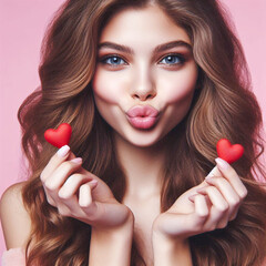 Close-up portrait of a young brunette woman smiling,  holding heart-shape Valentine