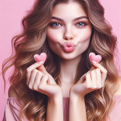 Close-up portrait of a young brunette woman smiling,  holding heart-shape Valentine