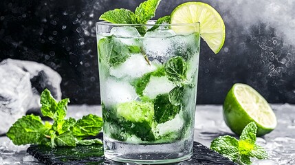 Fototapeta premium Classic Mojito Cocktail with Zesty Lime Wedges Fresh Mint Garnish and Sparkling Ice Cubes in a Tall Glass Against a Background of Condensation Droplets and Steam for a Refreshing Tropical Drink