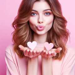 Close-up portrait of a young brunette woman smiling,  holding heart-shape Valentine