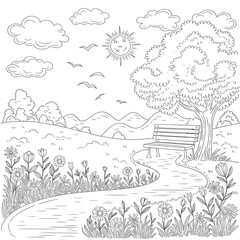 Obraz premium landscape with trees and clouds coloring page 