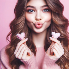 Close-up portrait of a young brunette woman smiling,  holding heart-shape Valentine