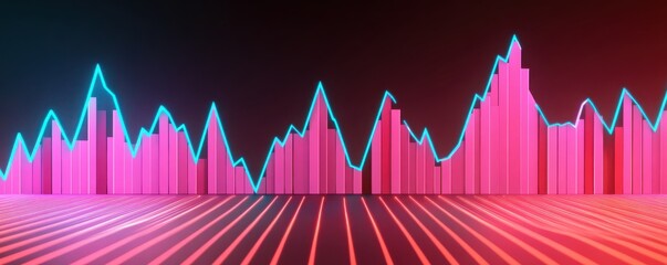 A vibrant, digital soundwave display features sharp peaks in pink and blue against a dark background, symbolizing audio frequencies and dynamic sound.