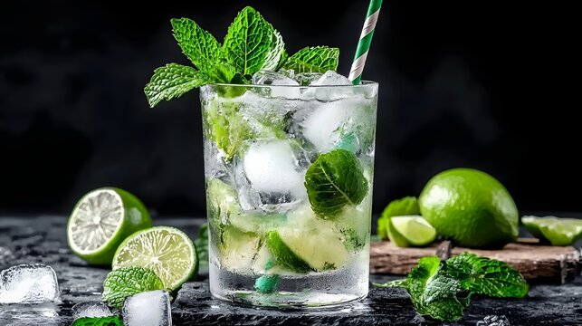 Chilled and refreshing mojito cocktail with ice cubes and mint leaves swirling in a glass accompanied by sliced limes and a straw against a modern dark background