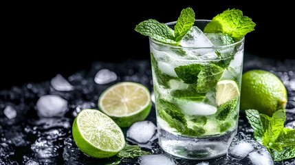 Fototapeta premium image of a freshly prepared mojito cocktail with glistening ice citrusy lime and aromatic mint perfect for a summer refreshment background The cocktail is served in a clear glass