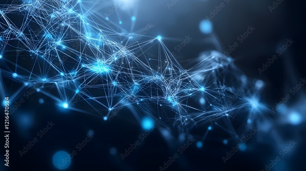 Poster Conceptual visualization of an advanced intelligence system with a complex network of interconnected nodes and circuits glowing in vibrant blue hues against a dark tech inspired background