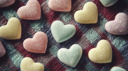 Fototapeta premium 94.A vibrant Valentine's Day composition of pastel-toned candy hearts arranged randomly on a plaid background, featuring soft lighting and sharp details of each sugary texture.