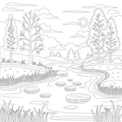 a line art illustration  nature  and river coloring page 