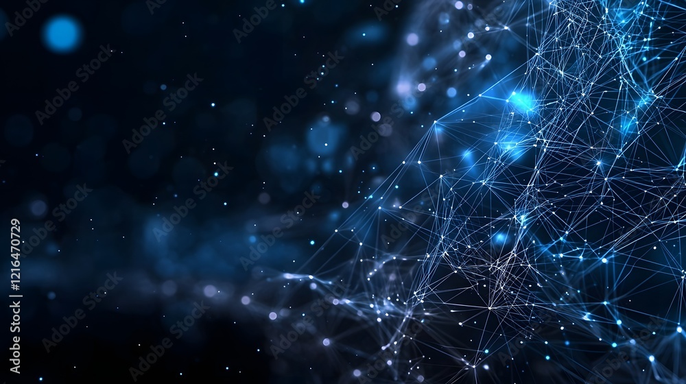 Fototapete Illuminated digital depicting an abstract AI powered network with interconnected nodes and glowing blue pathways representing the advanced computing and communication system of the future