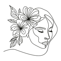Woman Line Art. Continuous one line drawing Woman face with flowers line. Vector illustration