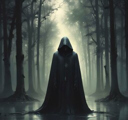 Illustration of hodded person in dark woods.