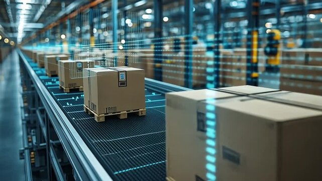 Automated conveyor system transporting packages in a modern distribution center during daylight