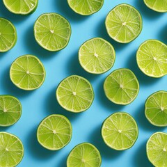 Fototapeta premium Limes, sliced, blue background, overhead shot, food photography