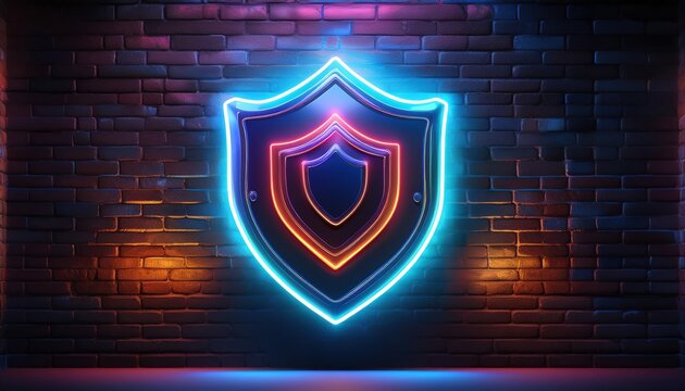 A glowing neon shield emblem against a brick wall, symbolizing protection and security with vibrant colors.