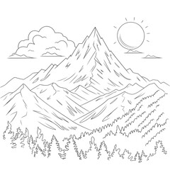 a line art illustration mountain and nature coloring page 