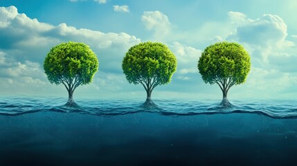Three Lush Green Trees Underwater Serene Ocean Scene Tranquil Nature Image