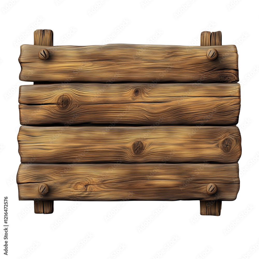 Poster A digitally rendered image showcasing a rustic wooden sign composed of four horizontal planks, ideal for adding text or graphics.