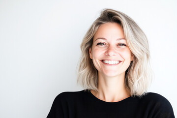 Cheerful young woman with blonde hair wearing a black sweater, smiling brightly against a clean white background. 