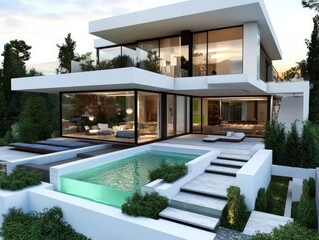 Modern Luxury Villa Architectural Design with Infinity Pool and Landscaping