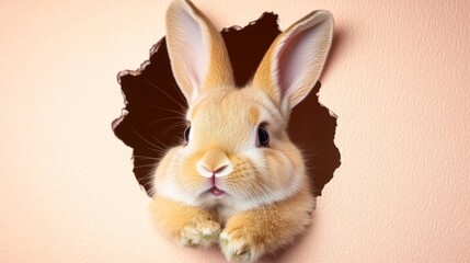 Obraz premium Curious Bunny Peeking Through Hole Adorable Pet Rabbit Exploring, Easter, Spring Animal Theme