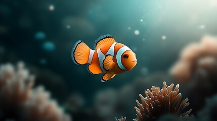 Clownfish swimming near coral reef, ocean background, underwater scene