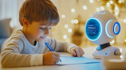 Schoolboy engages with a social robot projecting study material in a softly lit, cozy environment, AI companionship concept