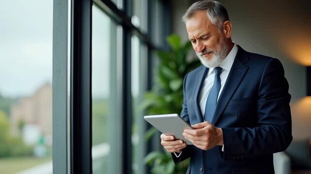 Confident Senior Businessman Holding Tablet in Modern Office, Smiling, Engaged in Digital Communication, Plant in Background, Professional Attire, Urban Environment
