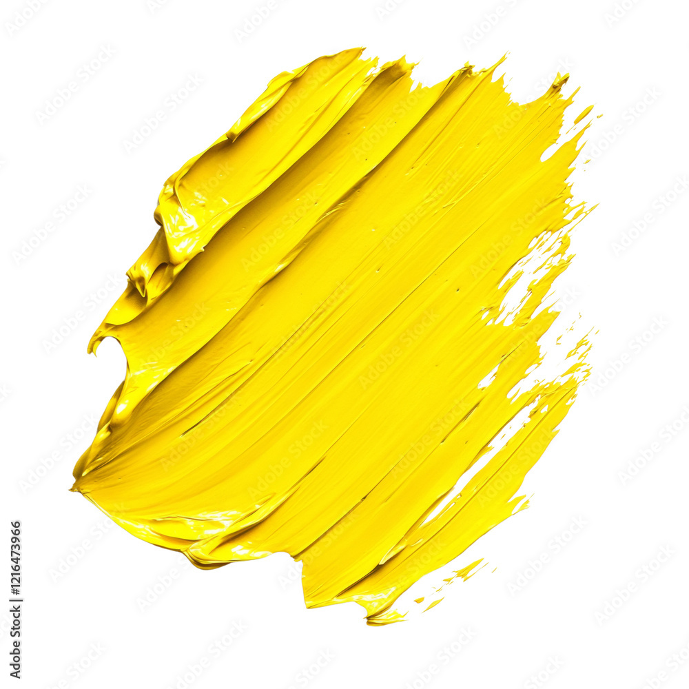 Poster A vibrant yellow paint stroke is dynamically swirled against a stark black background creating a bold and abstract image.