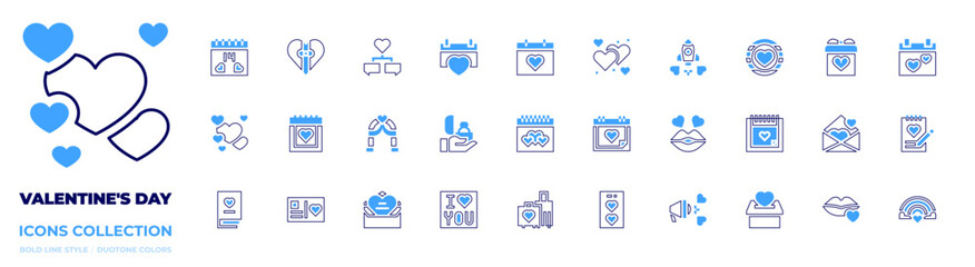 Valentine's Day icon collection. Bold line style. Duotone colors. wedding arch, proposal, chat, romantic date, valentines day, gift box, gift, letter, heart, rocket, wedding day, kiss, hearts