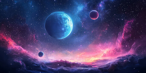 Outer space with faint comets, distant planets, and vibrant star constellations glowing.