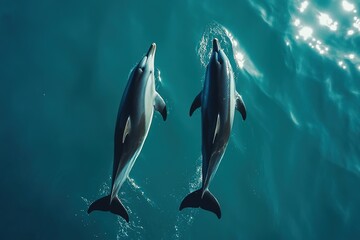 top view two dolphins swim next to each other in the blue ocean with ripples on a sunny day