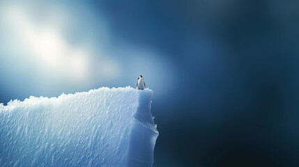 Penguin stands alone on an icy cliff under a cloudy sky in a remote Antarctic landscape