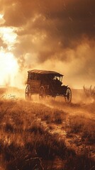 Naklejka premium Stagecoach Journey Through Dusty Plains Under Stormy Skies