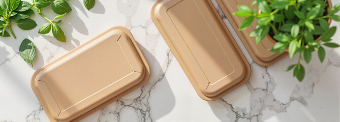 Salad Container Mockup on marble surface with fresh herbs