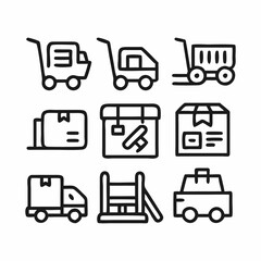 This set of nine simple line art icons depicts various elements of shipping and logistics.