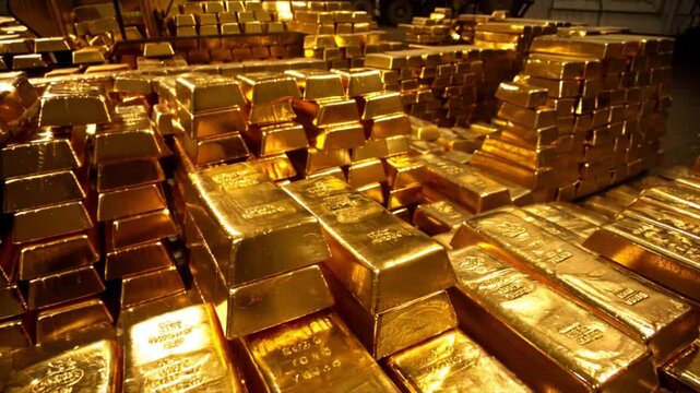 A mountain of gold bars on a mining field, cinematic 4k