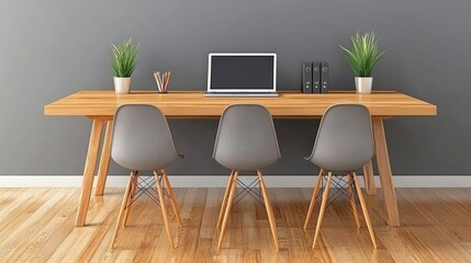 Modern office workspace, laptop, chairs, meeting