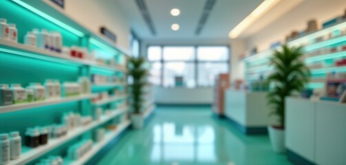 Fototapeta premium Modern pharmacy interior with teal accents. Shelves display various medicines, health products. Blurred background emphasizes modern design, health care concept. Pharmacist may present. Plenty of
