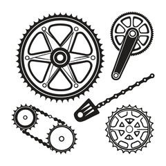 Obraz premium Gear simple black and white icons set. Bicycle sprocket mechanical cogwheels chainrings technology items. Black and white simple flat style. Isolated vector clipart collection on white backgroun