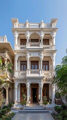 Naklejka premium White Greek Revival house architecture neoclassical gardens