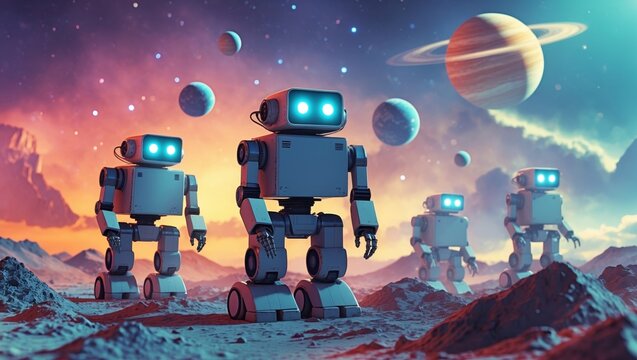 A vibrant scene featuring futuristic robots exploring a colorful alien landscape with planets in the background.