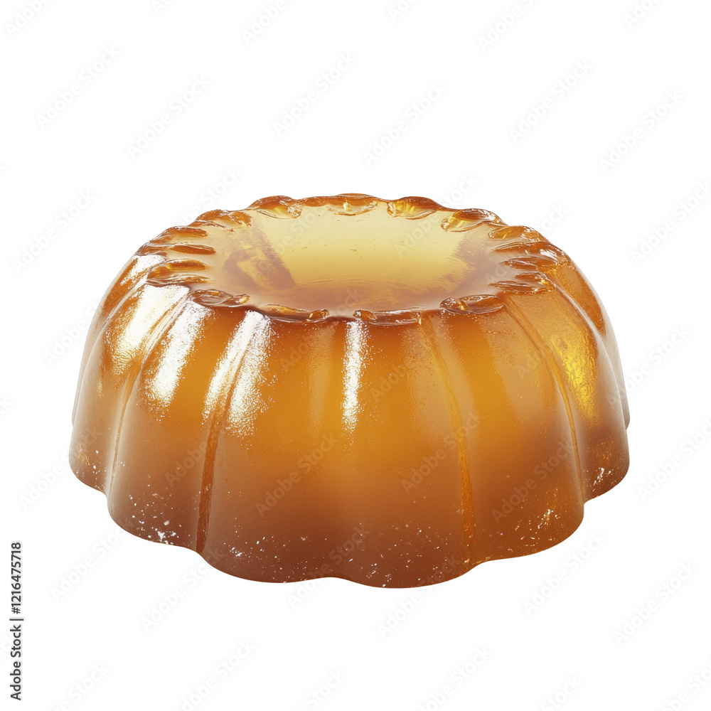 Poster a single piece of amber-colored gelatin dessert sits on a black background showing its molded shape 
