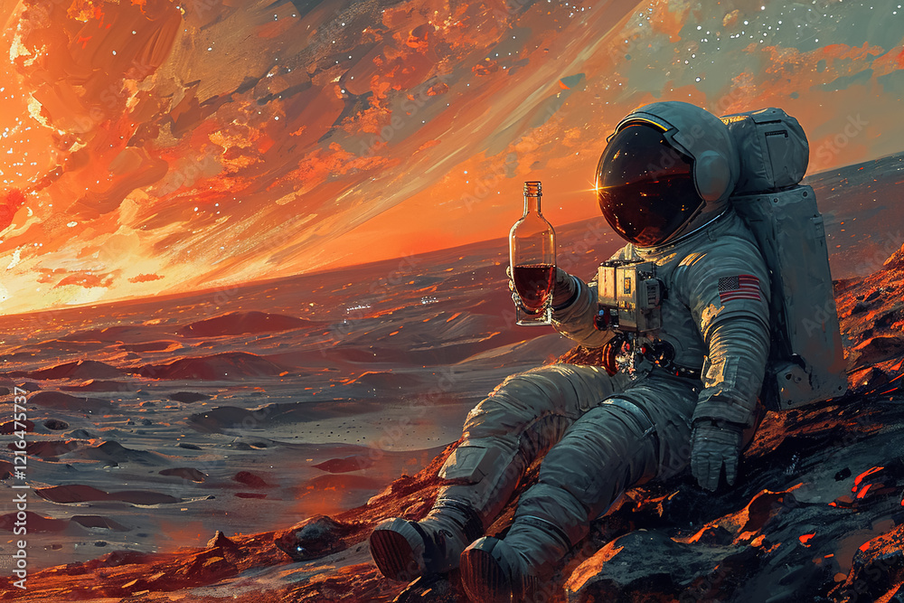 Poster sci-fi illustration astronaut in a spacesuit and helmet sits and drinks a bottle of wine on moon on 