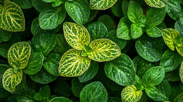 pilea involucrata 'moon valley' leaf pattern with detailed variegated texture showcasing green and yellow foliage highlighted by water droplets in lush tropical houseplant setting