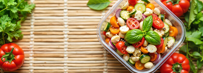 Salad container mockup with fresh vegetables on bamboo mat