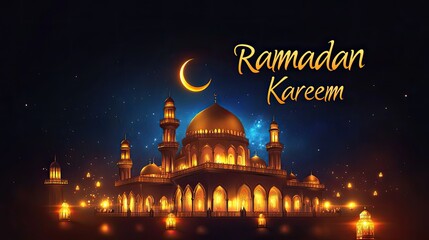 Illuminated mosque under crescent moon highlights Ramadan celebr